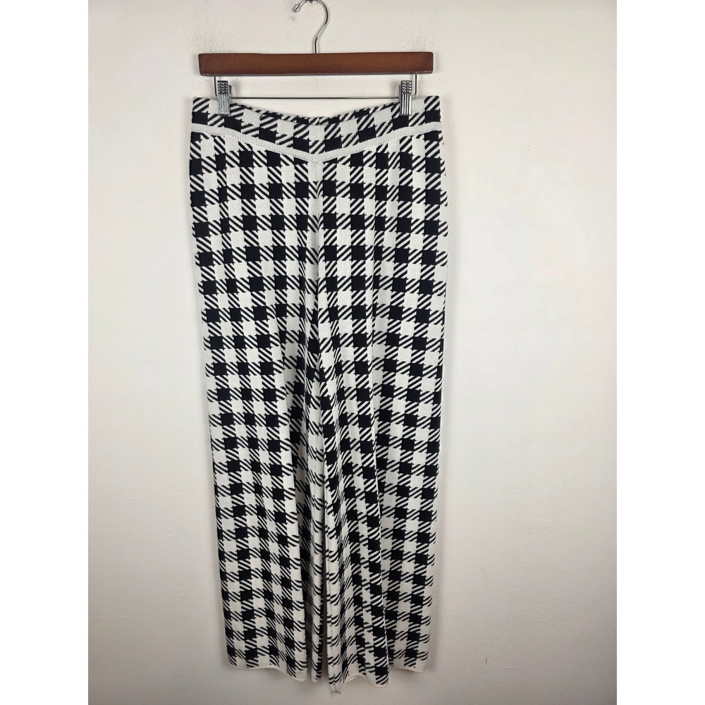 Lesley Evers Black White Plaid Knit Wide Leg Pants Medium 100% Cotton